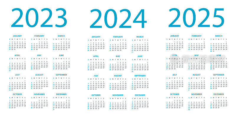 日历2023 2024 2025 -简单布局插图。一周从周日开始。日历设定为2023年2024年2025年
